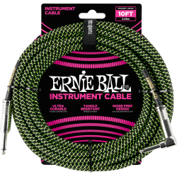 Cables instrument gaine tissée jack/jack coudé 3m noir/vert