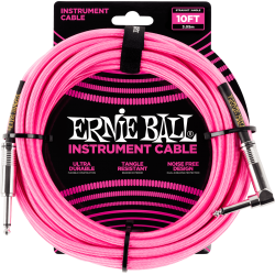 Cables instrument gaine tissée jack/jack coudé 3m rose fluo