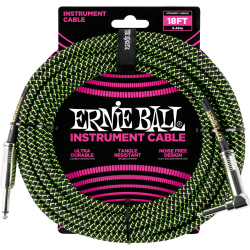 Cable instrument gaine tissée jack/jack coudé 5,5m noir/vert