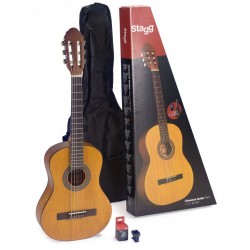 Pack comprenant 1 guitare classique 3/4 de couleur naturelle, 1 accordeur, 1 housse et 1 boîte