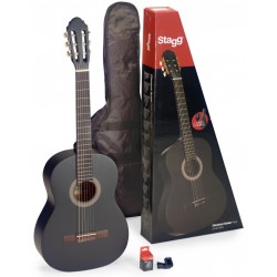 Pack comprenant 1 guitare classique 4/4 noire, 1 accordeur, 1 housse et 1 boîte