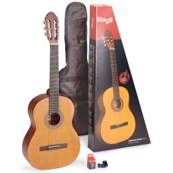 Pack comprenant 1 guitare classique 4/4 de couleur naturelle, 1 accordeur, 1 housse et 1 boîte