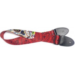 Sangle rouge en térylène pour guitare, motif grand crâne mexicain