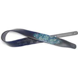 Sangle rembourrée noire en similicuir pour guitare, motif paisley bleu, pressé