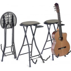 Tabouret avec assise rectangulaire, pliable, avec stand pour guitare incorporé