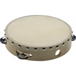 Tambourin 8\" pré-accordé en bois, peau fixe rivetée, 1 rangée de cymbalettes