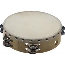 Tambourin 8\" pré-accordé en bois, peau fixe rivetée, 2 rangées de cymbalettes