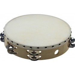 Tambourin 10\" pré-accordé en bois, peau fixe rivetée, 2 rangées de cymbalettes