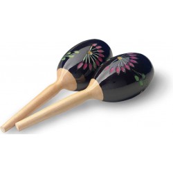 Paire de maracas ovales en bois, finition fleur, noir, 19 cm